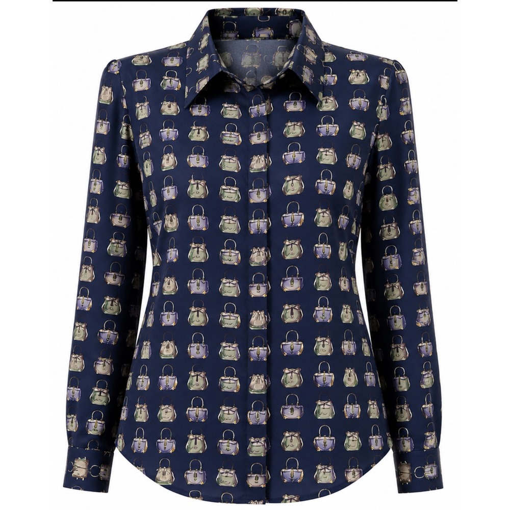 Piano Silk Blouse Women 1X Navy Blue Handbag Print Button Down Novelty Vintage
